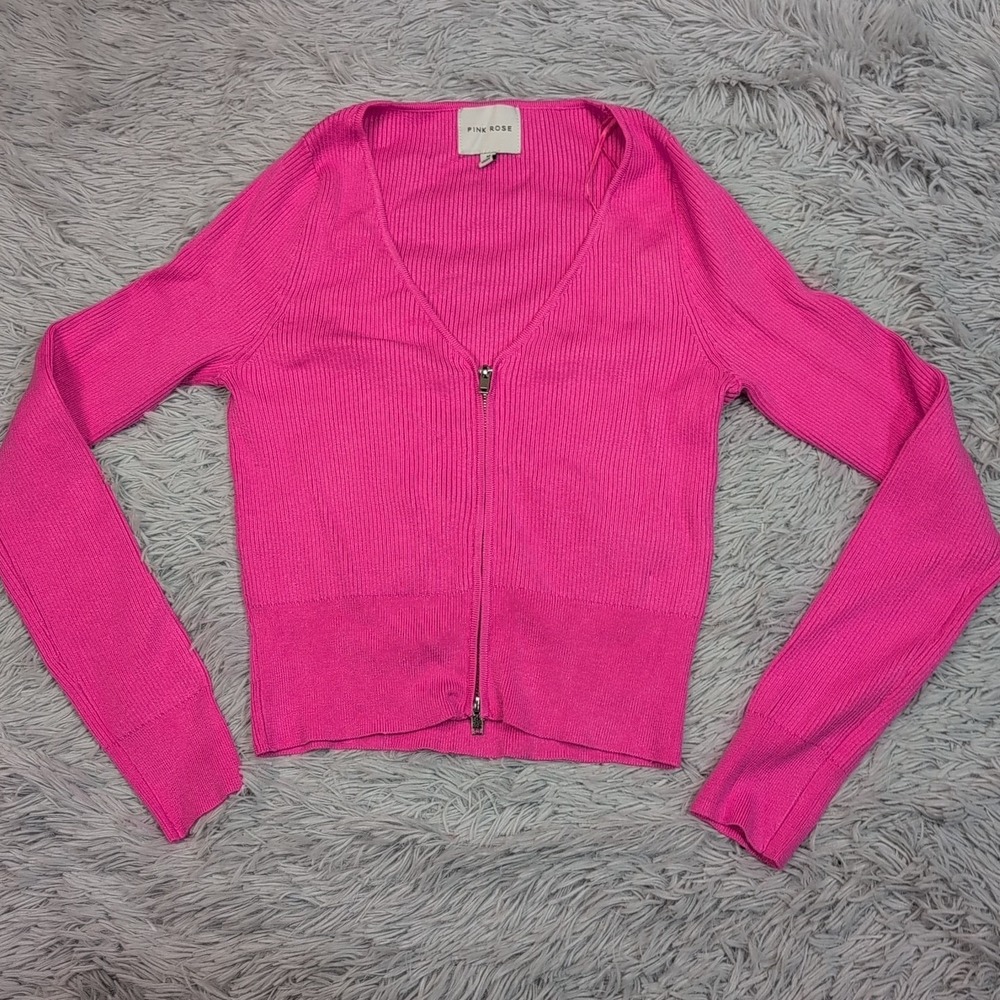 Pink Rose Shirt Womens M Pink Zip Up Top Casual Comfort Textured Cropped Stretch